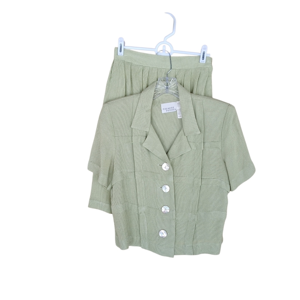 Halmode Sage Green Short Sleeved Pleated Rayon/Linen Midi Skirt Set Size 6P